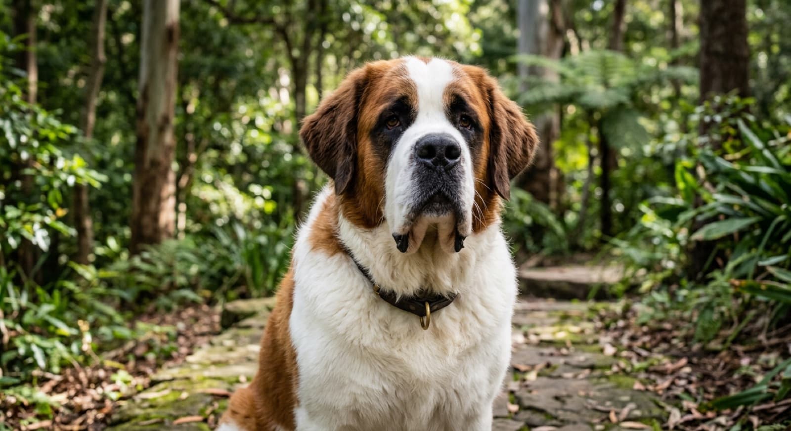 A large Saint Bernard resting in the shade of a Sydney park, a giant Alpine breed whose health hinges on knowing the bloat emergency and managing the heat