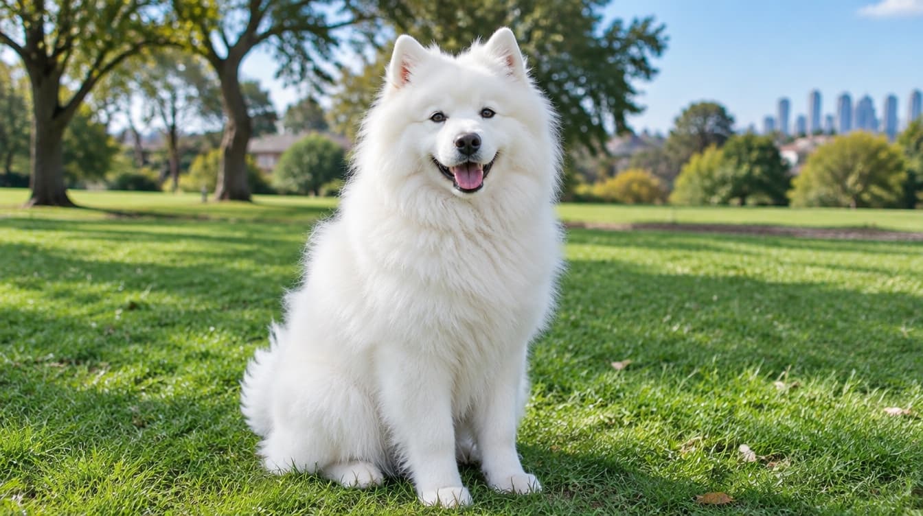 A fluffy white Samoyed with a smiling face sitting on grass in a sunny Brisbane park, representing the friendly Arctic breed occasionally available for adoption across Brisbane and Queensland rescues