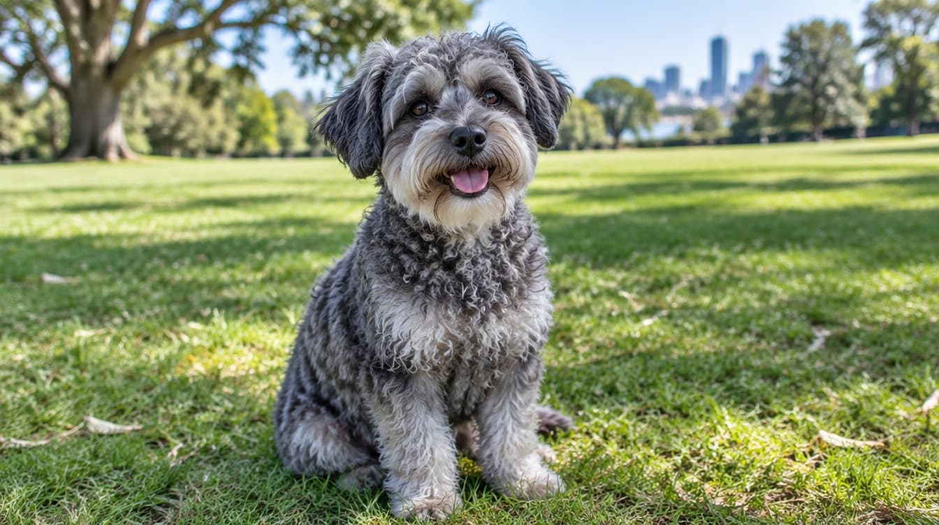 A curly grey Schnoodle, a Schnauzer and Poodle cross, sitting on grass in a sunny Perth park, representing the doodle crosses occasionally available for adoption across Perth and Western Australia rescues