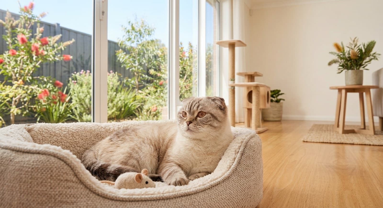 A round-faced Scottish Fold cat with folded ears and large round eyes resting calmly on a soft bed in a Sydney home, representing the Scottish Folds and Fold-crosses that occasionally come up for adoption in NSW rescues