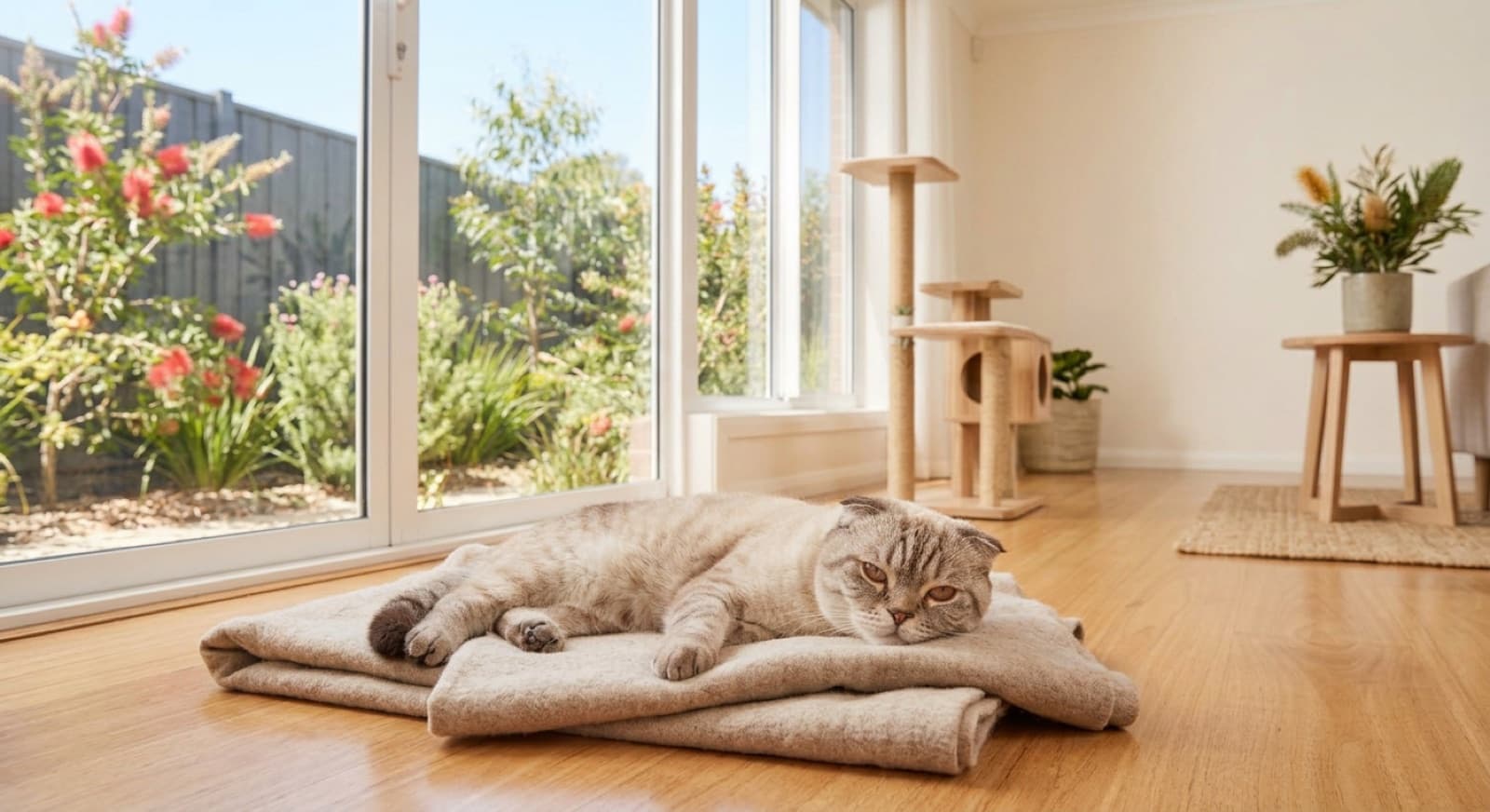 A Scottish Fold cat with folded ears resting gently on a soft blanket in a calm Sydney home, illustrating the comfortable, low-impact environment a breed prone to joint disease needs