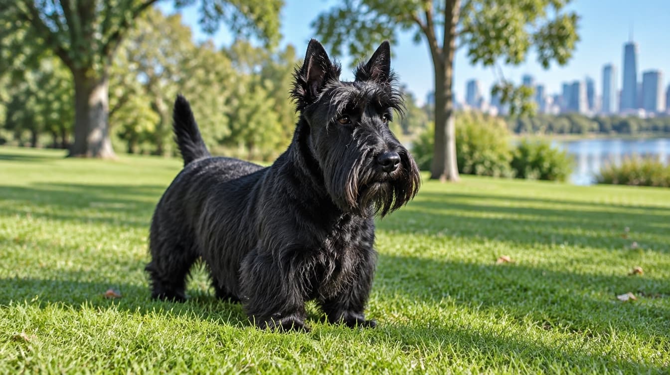 A black Scottish Terrier with a distinctive beard and eyebrows standing on grass in a sunny Perth park, representing the bold terriers occasionally available for adoption across Perth and Western Australia rescues