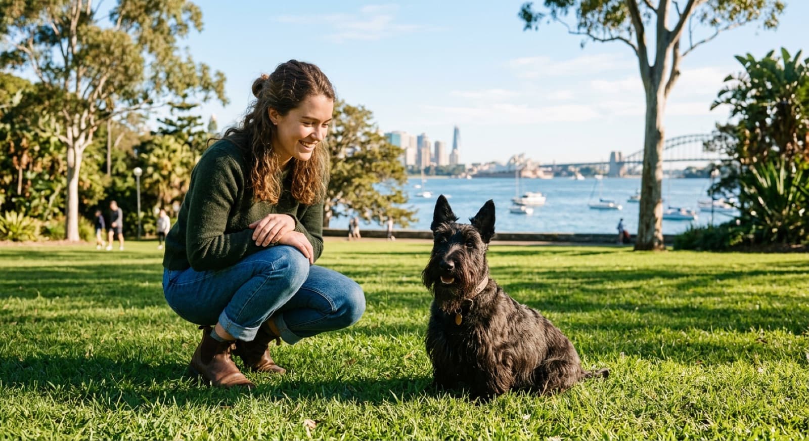 A black Scottish Terrier with a long beard, bushy eyebrows and short legs standing alert on the grass in a sunny Sydney park, representing the bold, dignified terrier-type purebred that turns up for adoption across Sydney and NSW rescues
