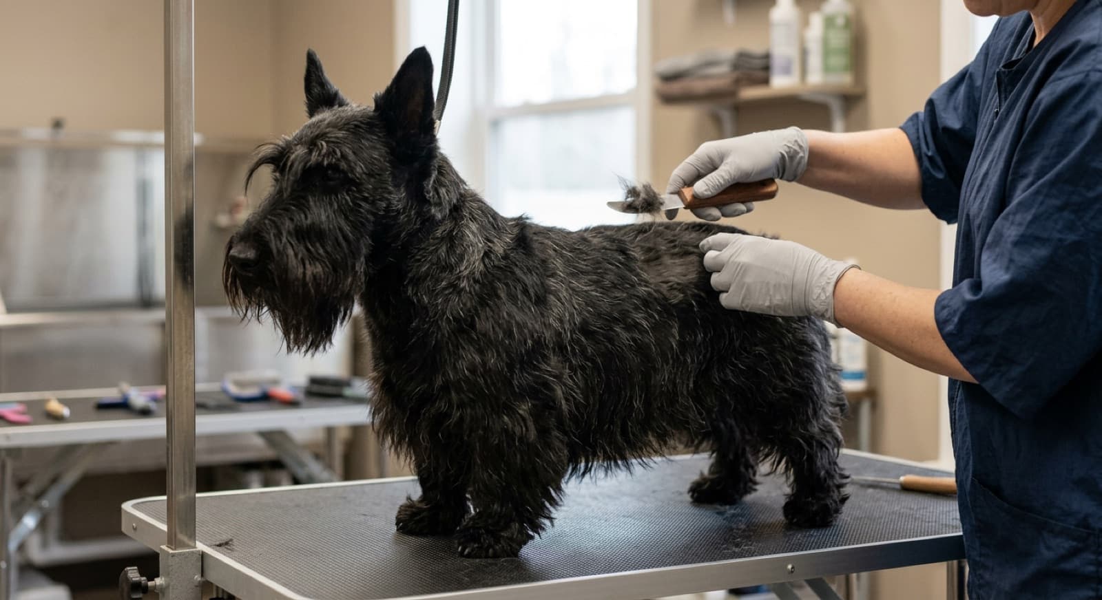 A black Scottish Terrier being groomed, its signature beard, bushy eyebrows and long low skirt combed out, showing the distinctive short jacket over long furnishings that make the Scottie silhouette