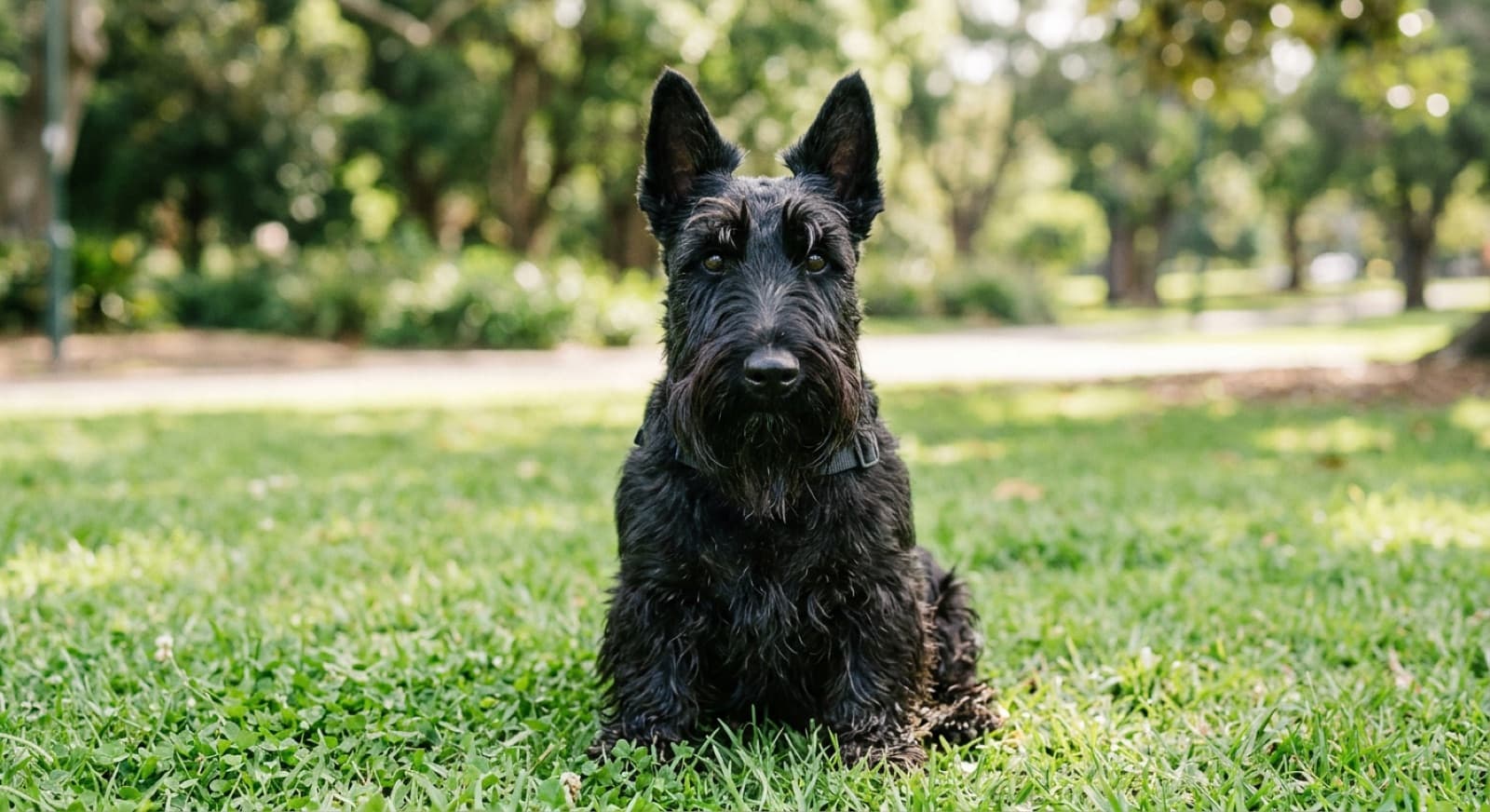 A black Scottish Terrier with a long beard and short legs standing alert on grass in a Sydney park, a sturdy small breed with a distinctive health profile