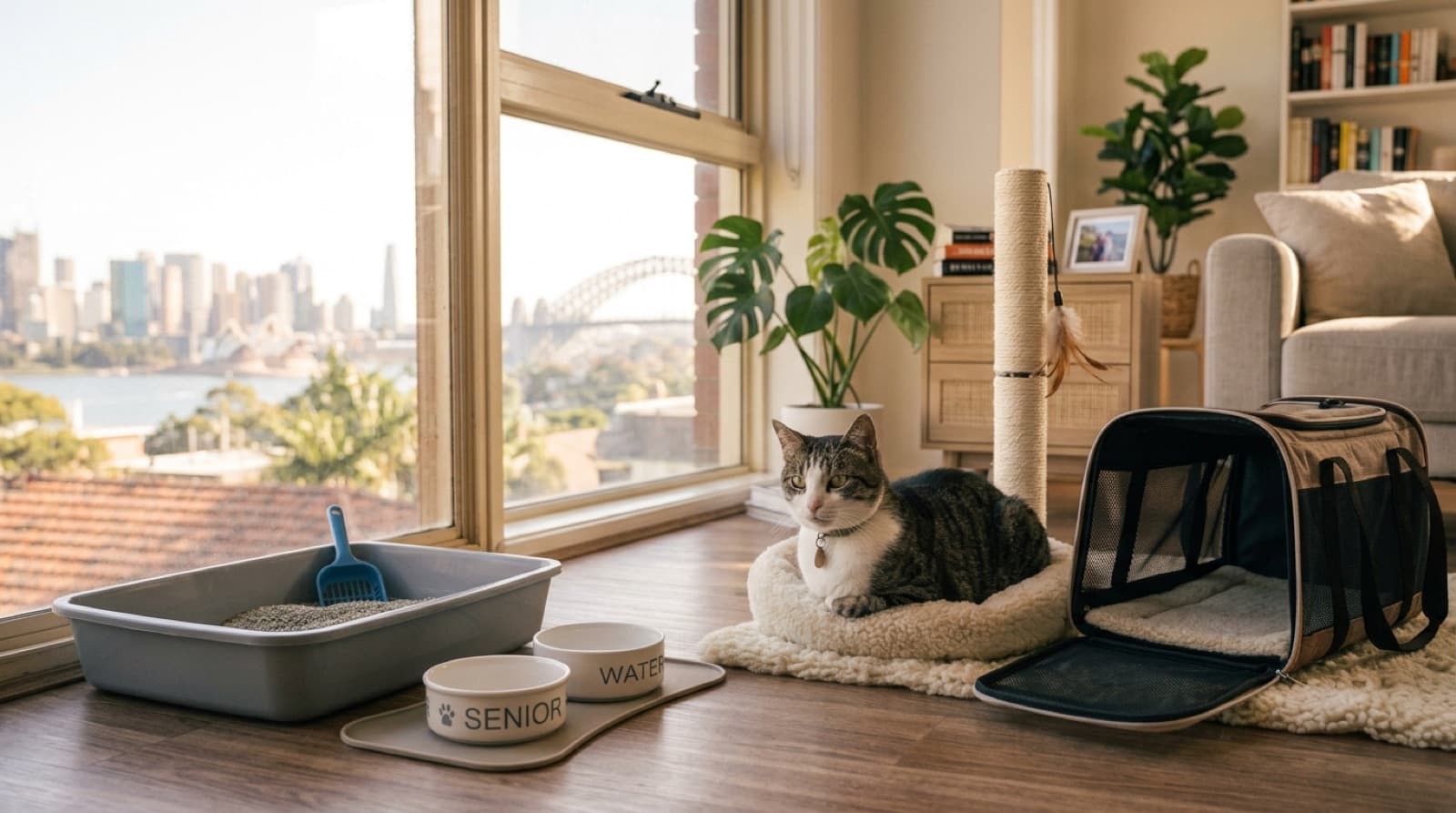 A contented senior tabby cat resting on a soft blanket in a warm, sunlit Sydney living room, showing how comfortable an older rescue cat is in a calm indoor home