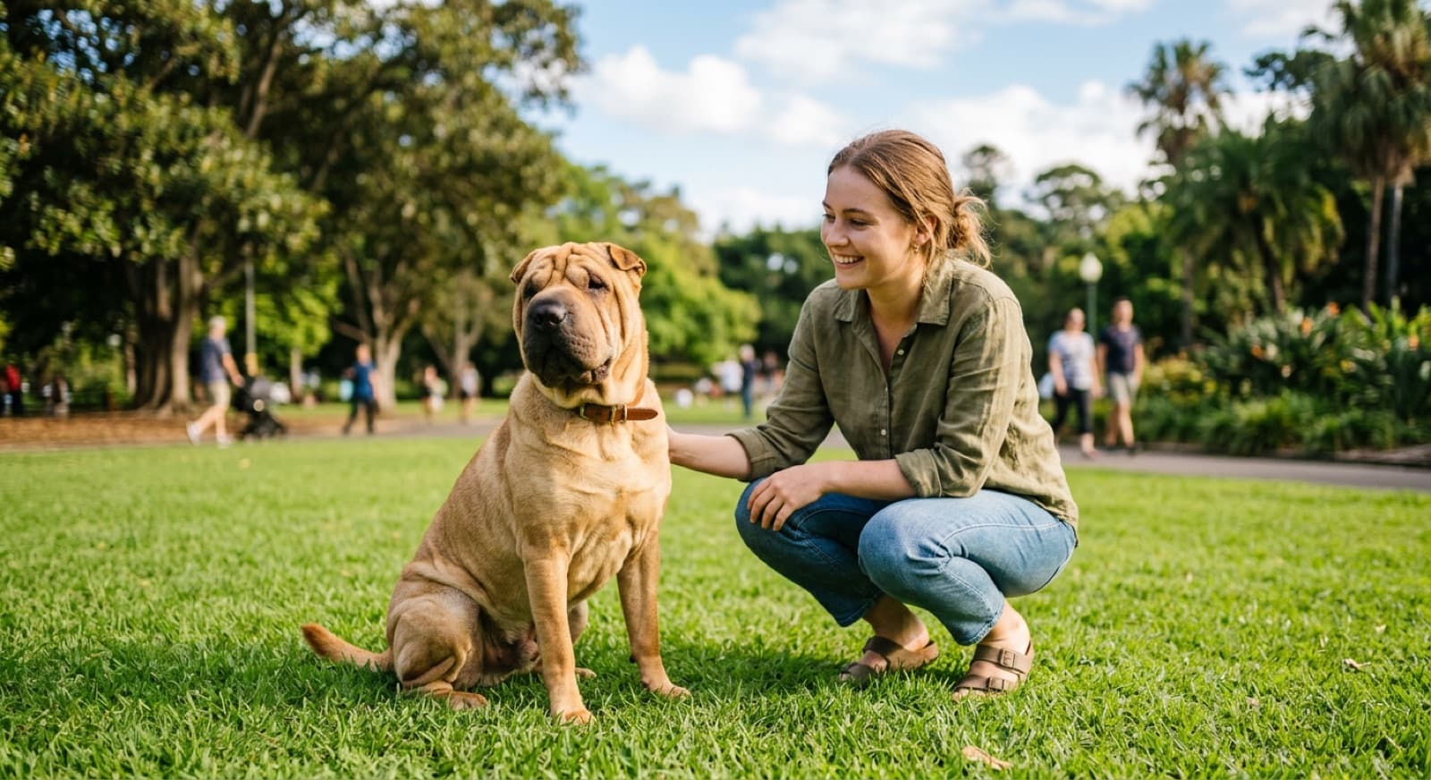 A wrinkled Shar Pei with a broad muzzle sitting calm and alert on the grass in a sunny Sydney park, representing the loyal, reserved wrinkled breed and its crosses that turn up for adoption across Sydney and NSW rescues