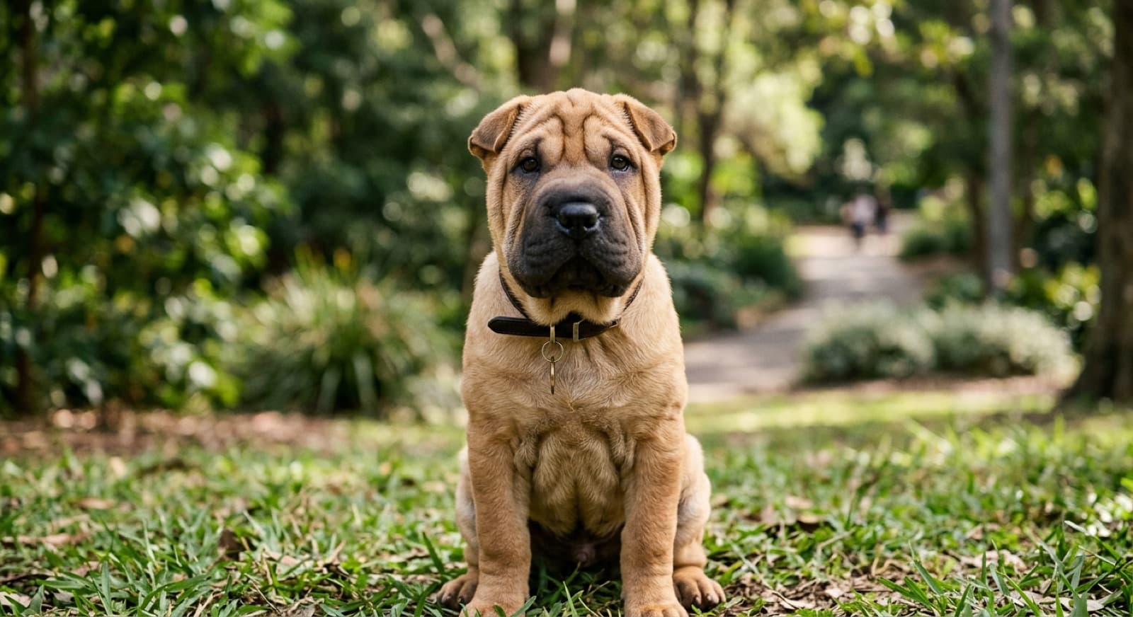 A heavily wrinkled Shar Pei sitting in a shaded Sydney backyard, a breed whose folds and inherited fever condition define its distinctive health profile