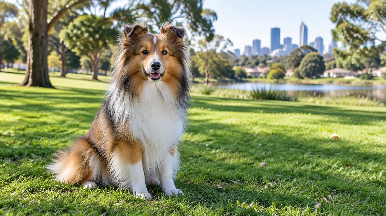 A sable and white Shetland Sheepdog sitting on the grass in a Melbourne park, representing the rescue Shelties available for adoption across Victoria