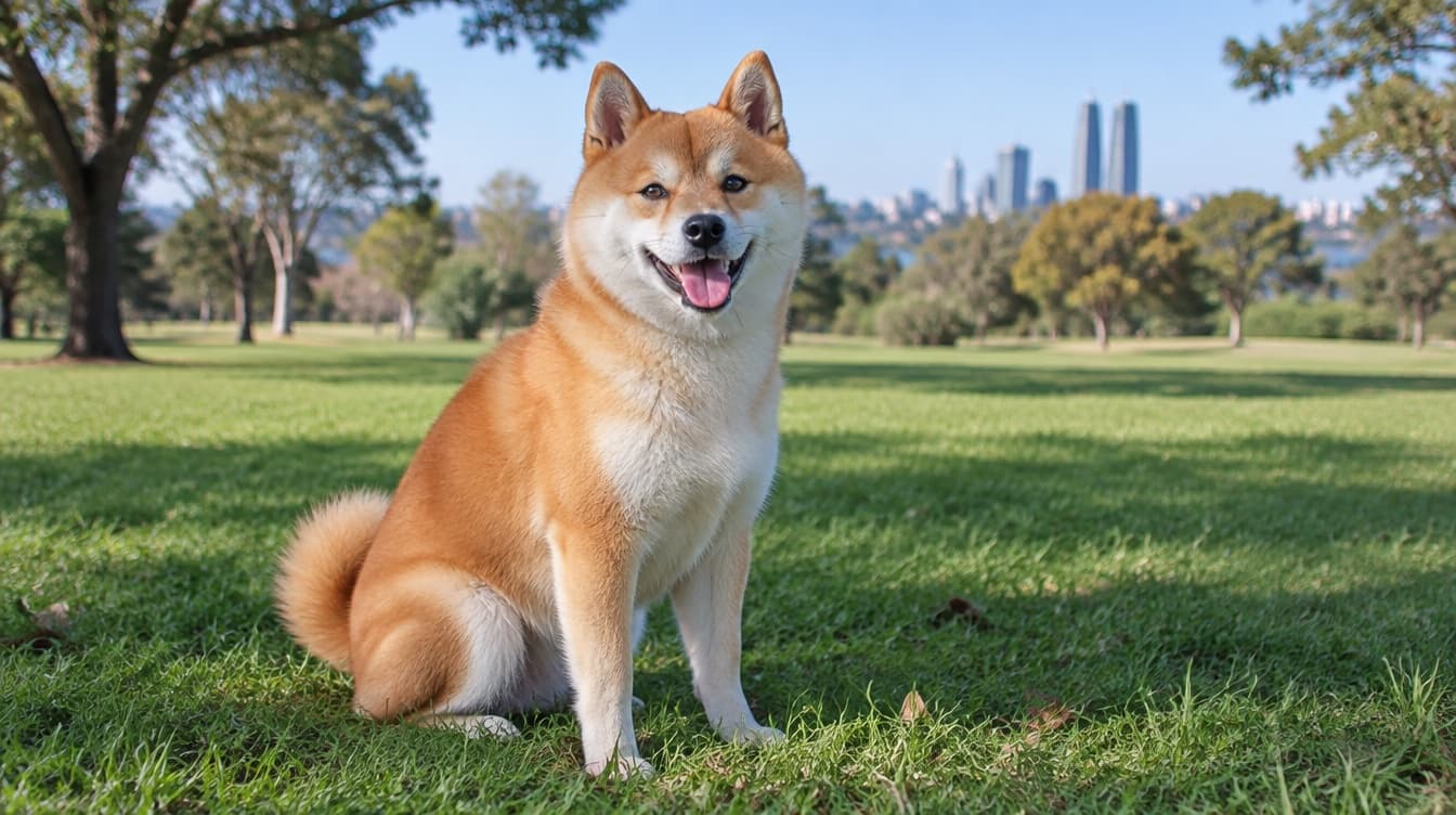A red and cream Shiba Inu with a curled tail and fox-like face standing alert on grass in a sunny Gold Coast park, representing the independent spitz dogs available for adoption across the Gold Coast and Queensland rescues