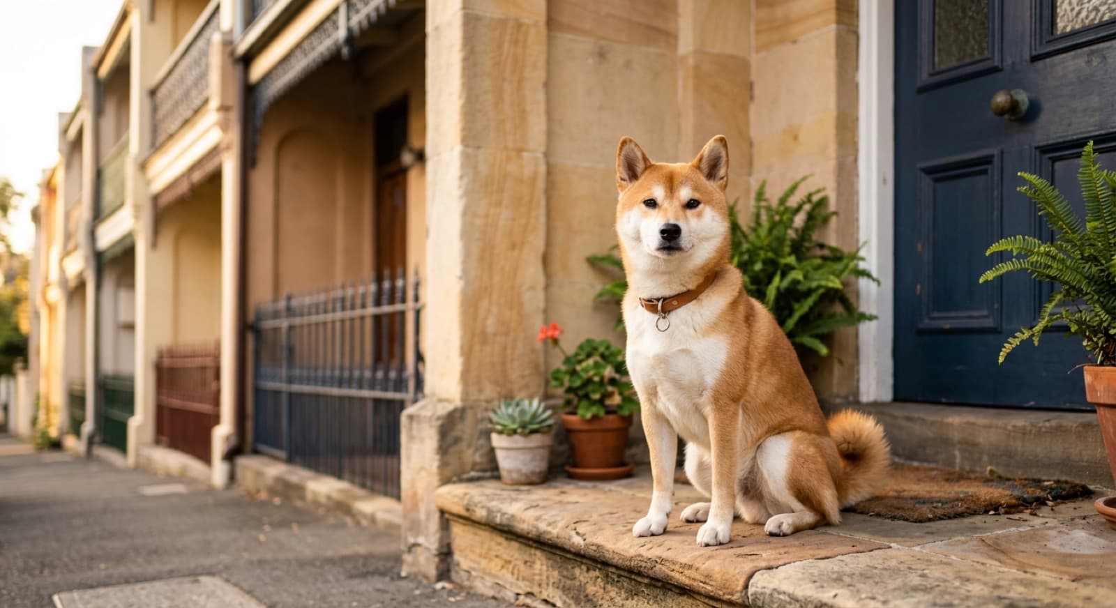 A red Shiba Inu with upright ears, a curled tail and an alert, spirited expression standing on the grass in a sunny Sydney park, representing the small independent Spitz that turns up for adoption across Sydney and NSW rescues