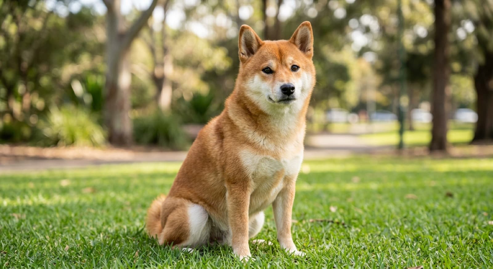 A red Shiba Inu with a thick double coat standing alert on grass in a Sydney park, a hardy breed whose main health watch-point is allergic itchy skin
