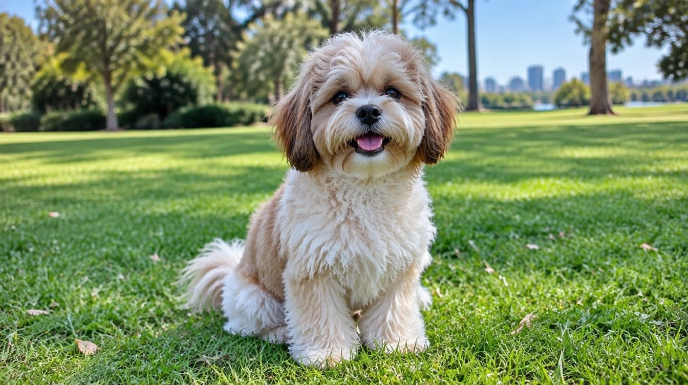 A small fluffy Shih Poo with a wavy cream and brown coat sitting on grass in a sunny Brisbane park, representing the small companion crosses available for adoption across Brisbane and Queensland rescues