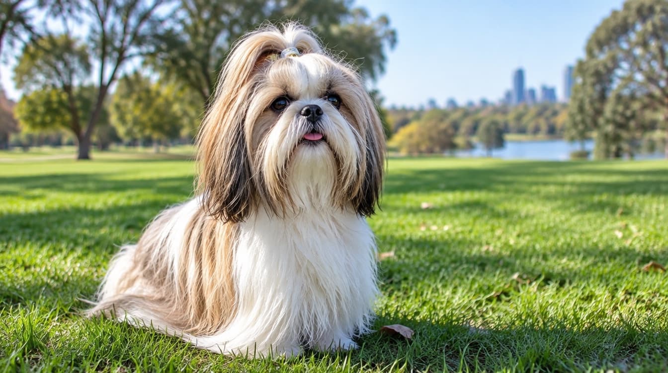 A small Shih Tzu sitting on the grass in an Adelaide park, representing the rescue Shih Tzus available for adoption across South Australia