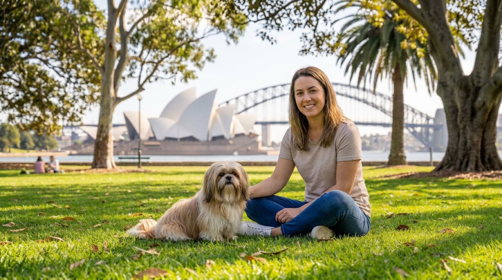 A friendly Shih Tzu with a tied-up topknot sitting on grass in a sunny Sydney park, representing the affectionate small companion dogs available for adoption across Sydney and NSW rescues