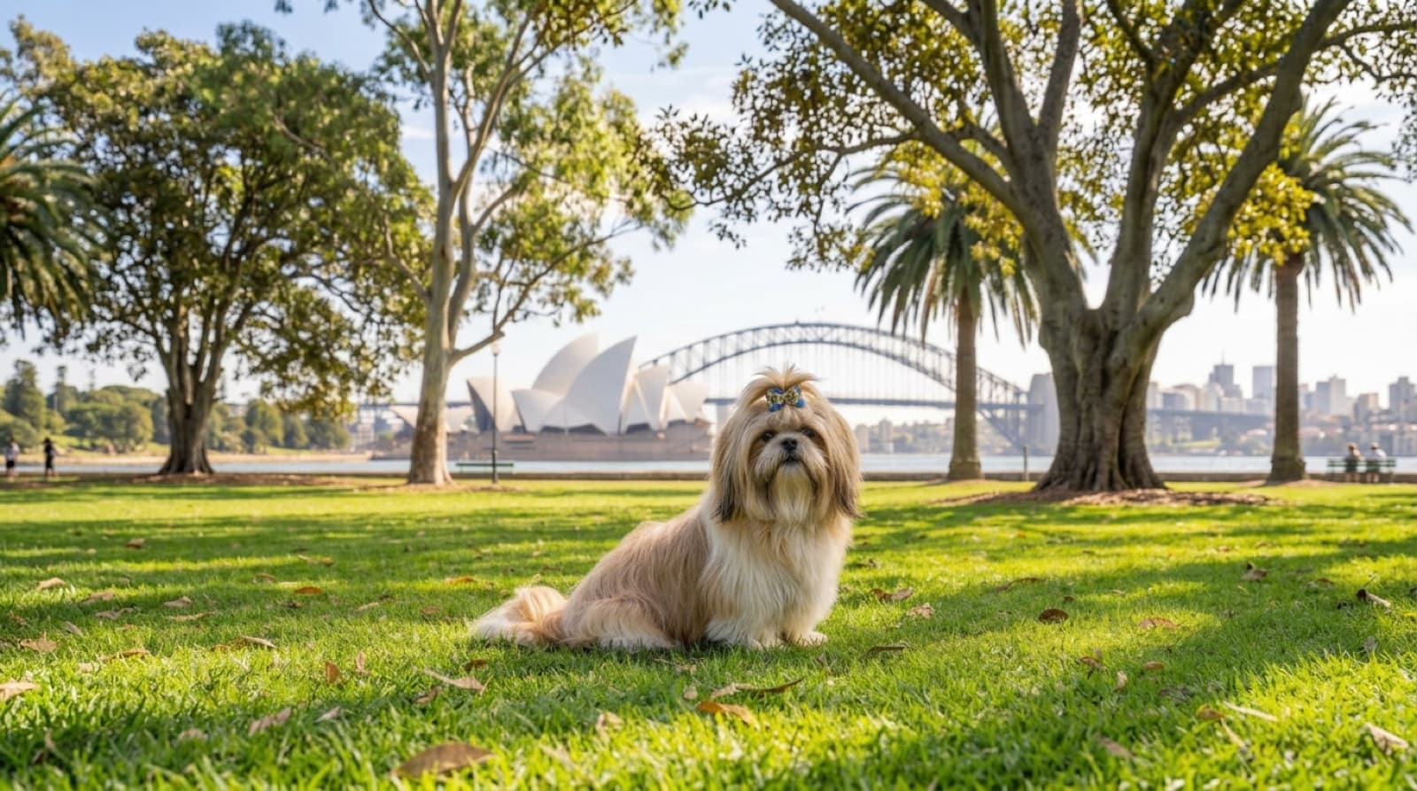A freshly groomed Shih Tzu in a neat short puppy cut with a tidy topknot and clean face sitting on a Sydney park lawn, illustrating a well-maintained, comfortable coat