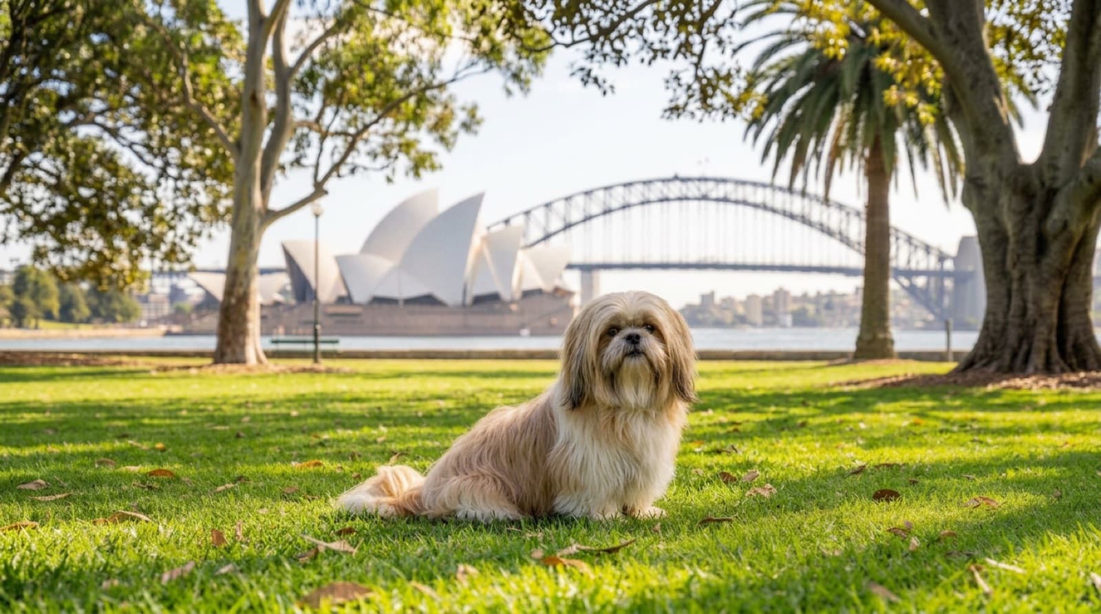 A healthy Shih Tzu with a short summer clip and clear, well-groomed eyes resting in the shade in a Sydney backyard, representing the good body condition and eye and dental care the breed depends on