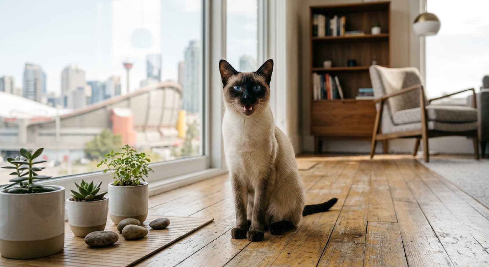 A sleek, blue-eyed colourpoint Siamese cat indoors, representing the Siamese and Siamese crosses that occasionally come up for adoption in Brisbane and Queensland rescues