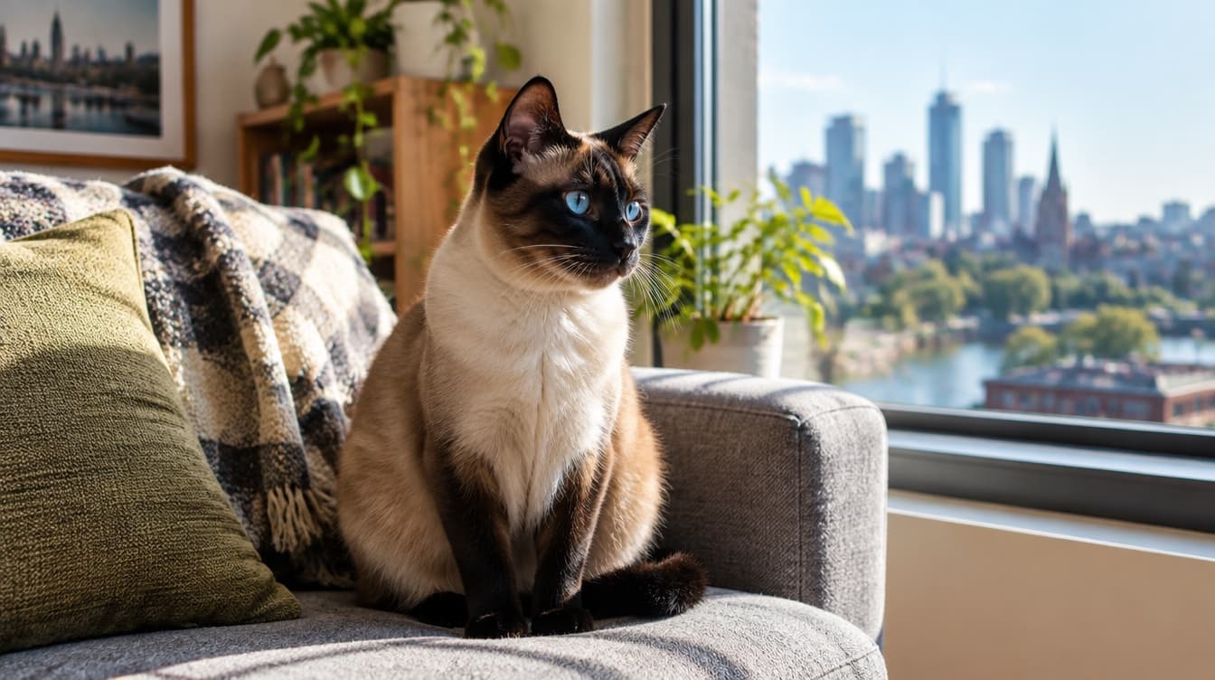 A sleek colourpoint Siamese cat with blue eyes on a windowsill in a Perth home, representing the Siamese-type and colourpoint cats that come up for adoption through WA rescues