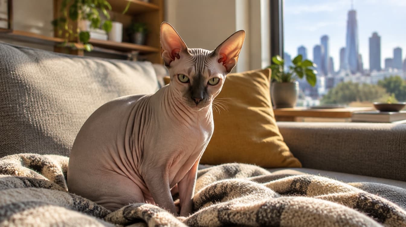A hairless Sphynx cat wrapped in a soft blanket in a warm Melbourne home, representing the Sphynx cats that occasionally come up for adoption through Victorian rescues