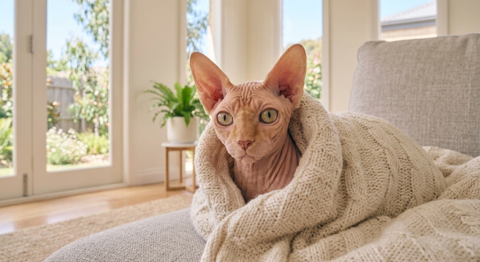 A wrinkled, near-hairless Sphynx cat with very large ears wrapped in a soft blanket on a couch in a Sydney home, representing the Sphynx and hairless crosses that occasionally come up for adoption in NSW rescues