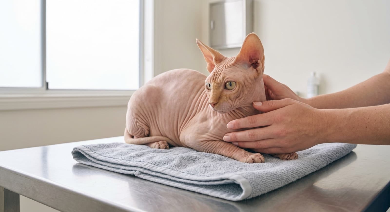 A wrinkled hairless Sphynx cat being gently examined on a soft towel in a bright Sydney veterinary setting, illustrating the regular vet care the breed needs for heart, skin and dental health