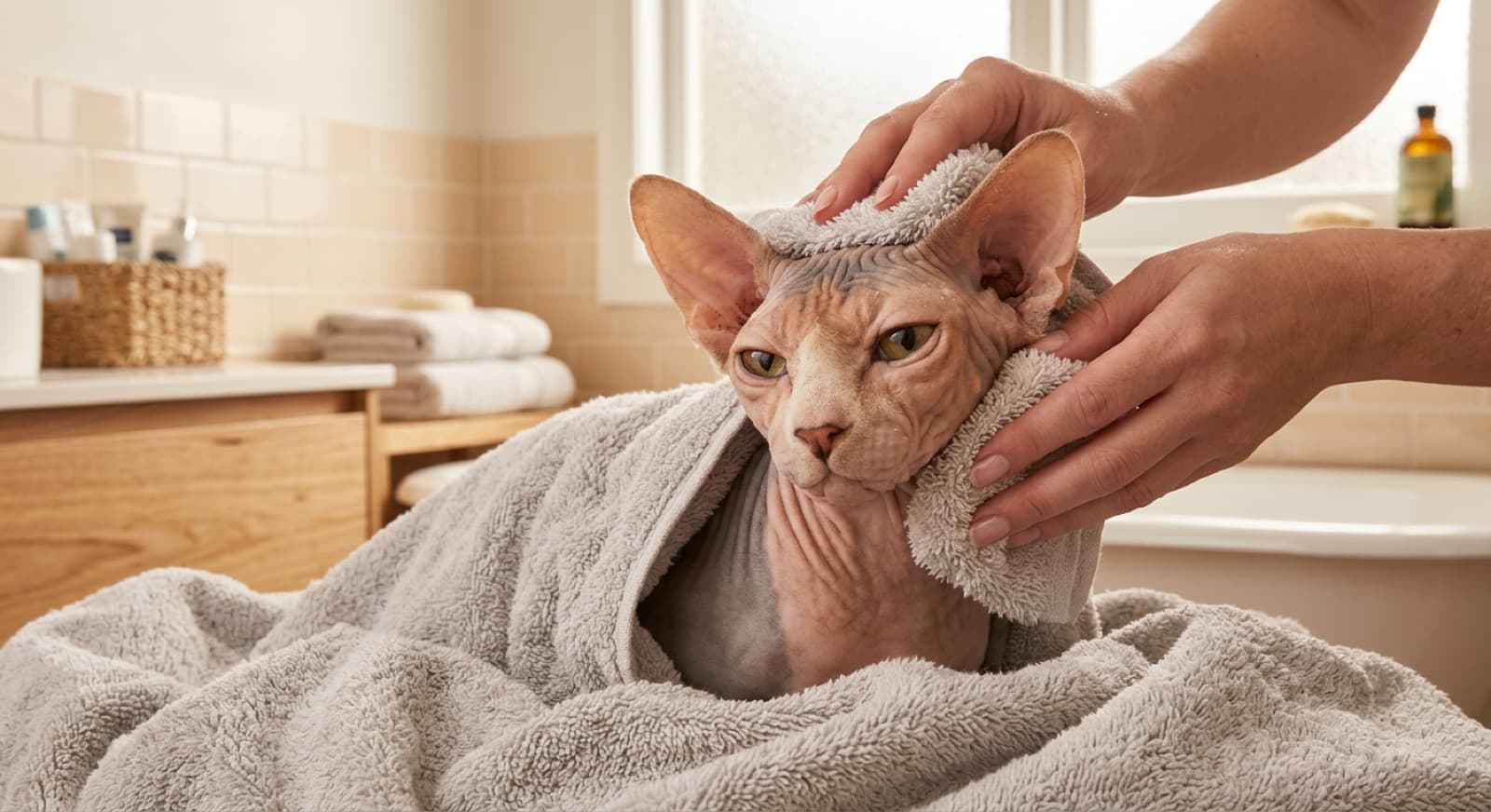 A hairless Sphynx cat wrapped in a soft towel being gently dried after a bath in a warm Sydney home, illustrating the regular bathing and skin-care routine the breed needs