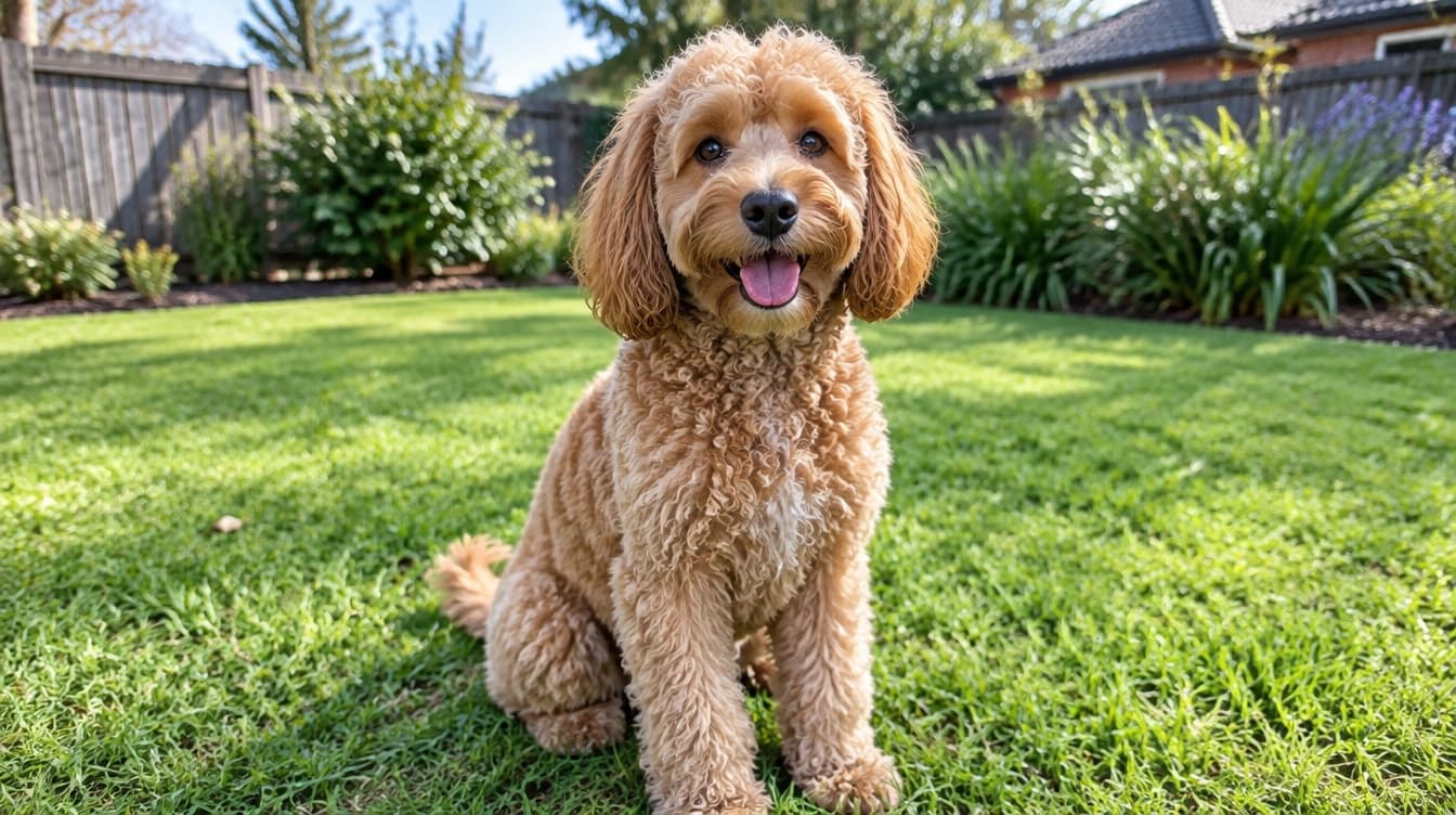A curly-coated apricot Spoodle sitting on the grass in an Adelaide park, representing the rescue Spoodles and Cocker Poodle crosses available for adoption across South Australia
