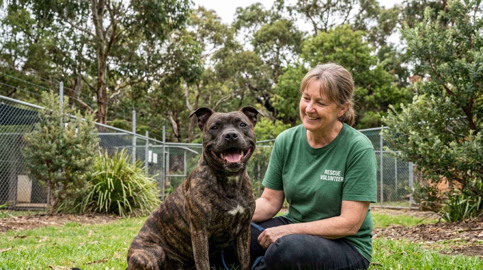 A muscular, smiling Staffy sitting on a sunny Adelaide park lawn, representing the rescue Staffies available for adoption across South Australia