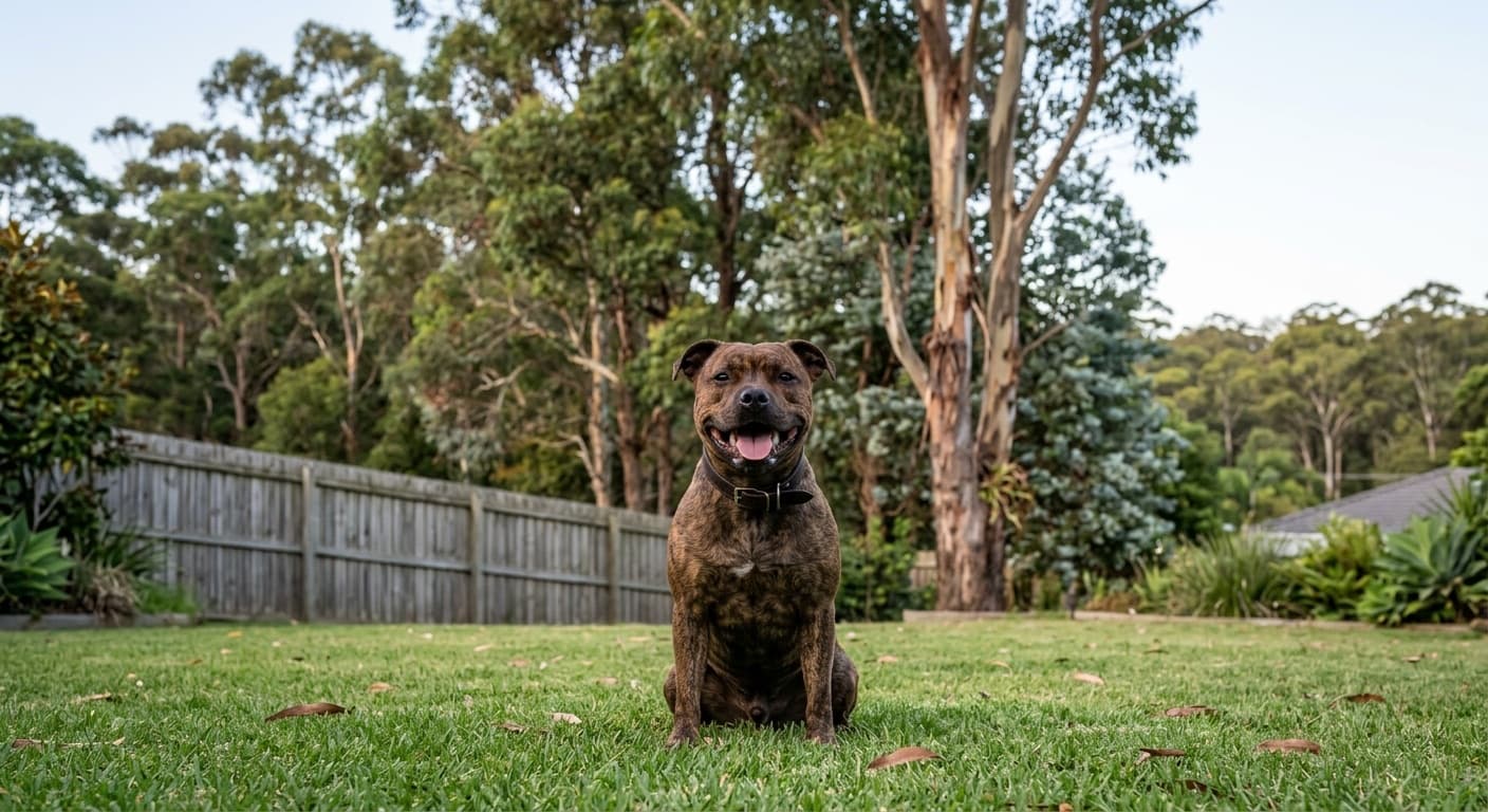 A brindle Staffordshire Bull Terrier with a wide grin sitting on the grass of a suburban backyard on the NSW Central Coast, with a timber fence and gum trees behind