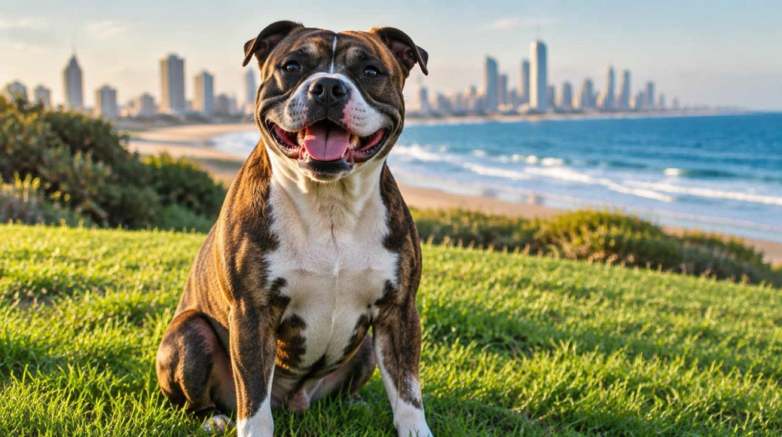 A muscular, smiling Staffy sitting on a sunny Gold Coast park lawn, representing the rescue Staffies available for adoption across Queensland