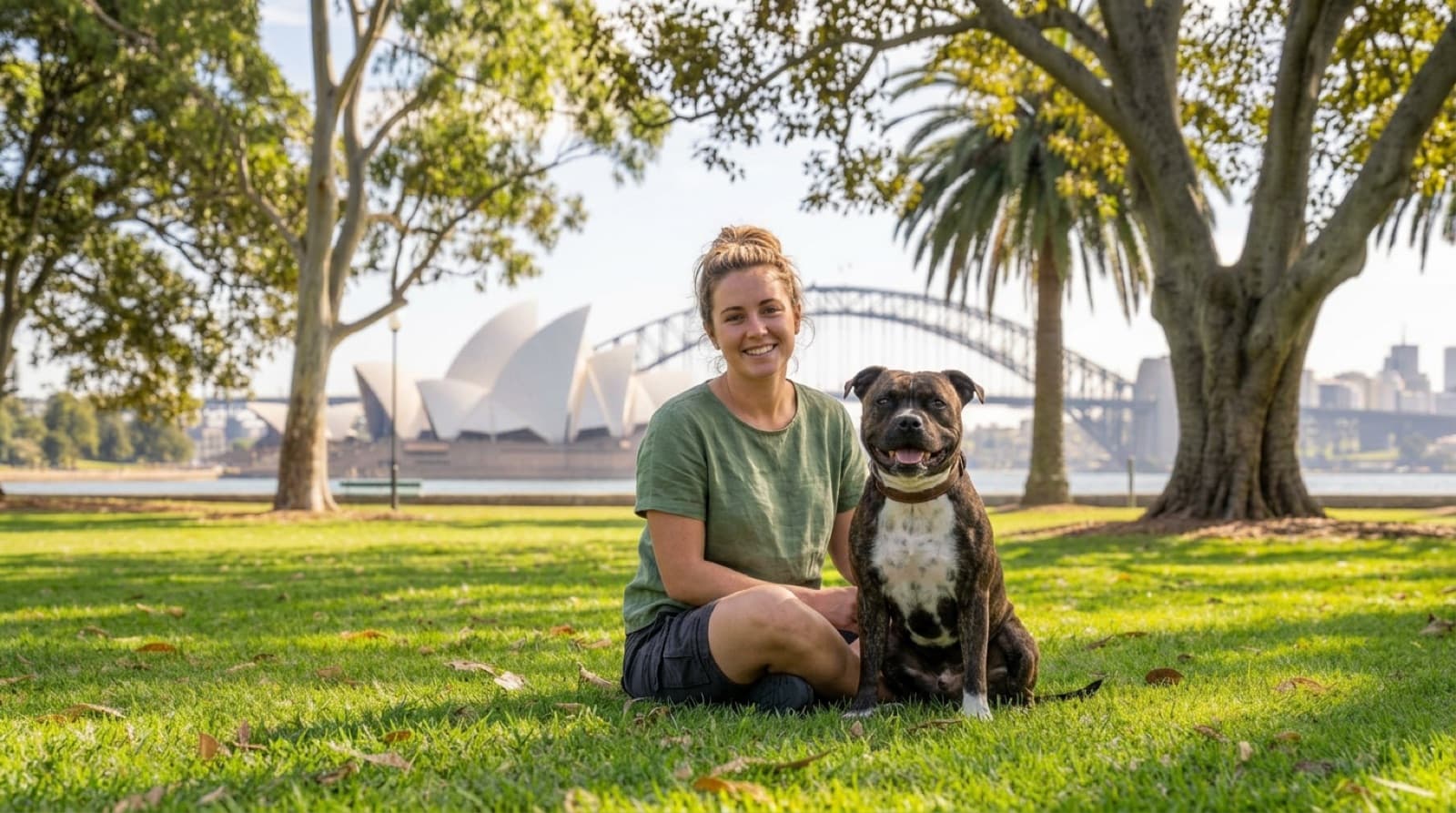 A muscular, smiling Staffy sitting on a sunny Sydney park lawn, representing the rescue Staffies available for adoption across NSW