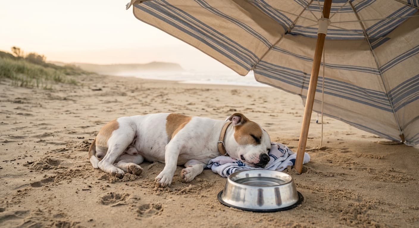 A white and tan Staffordshire Bull Terrier resting in the shade of a beach umbrella on a quiet off-leash beach on the NSW Central Coast, with a water bowl on the sand