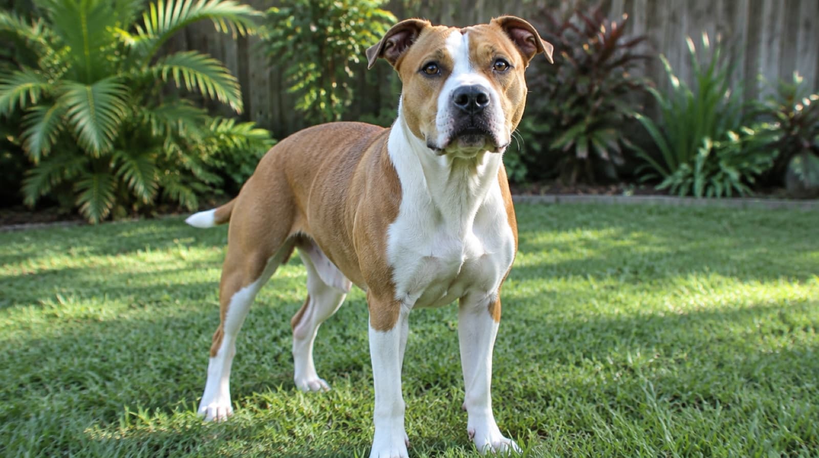 A healthy adult Staffy standing on a Gold Coast lawn, illustrating the breed health issues rescue adopters in Queensland should plan for