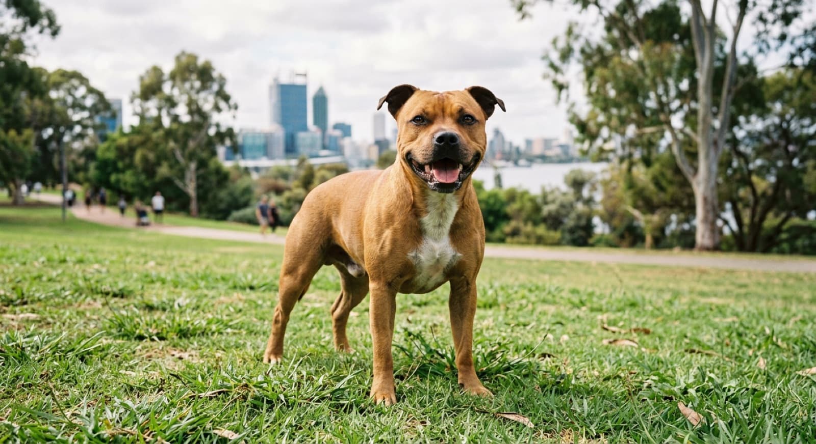 A healthy muscular Staffordshire Bull Terrier standing alert, representing good health management of the breed for Perth adopters
