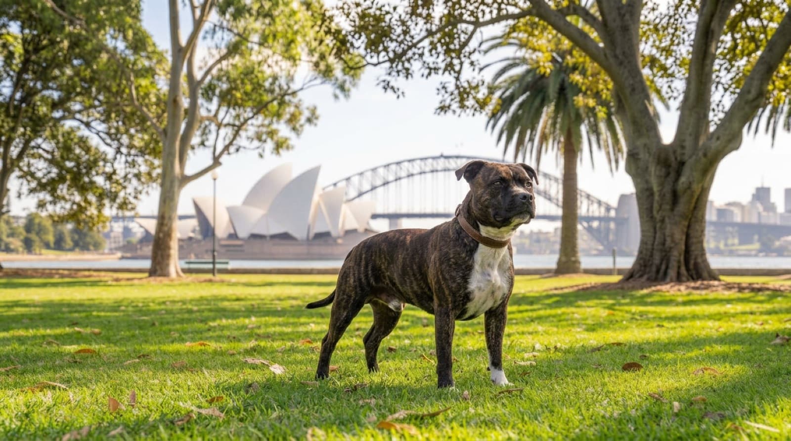 A healthy adult Staffy standing on a Sydney lawn, illustrating the breed health issues rescue adopters should plan for