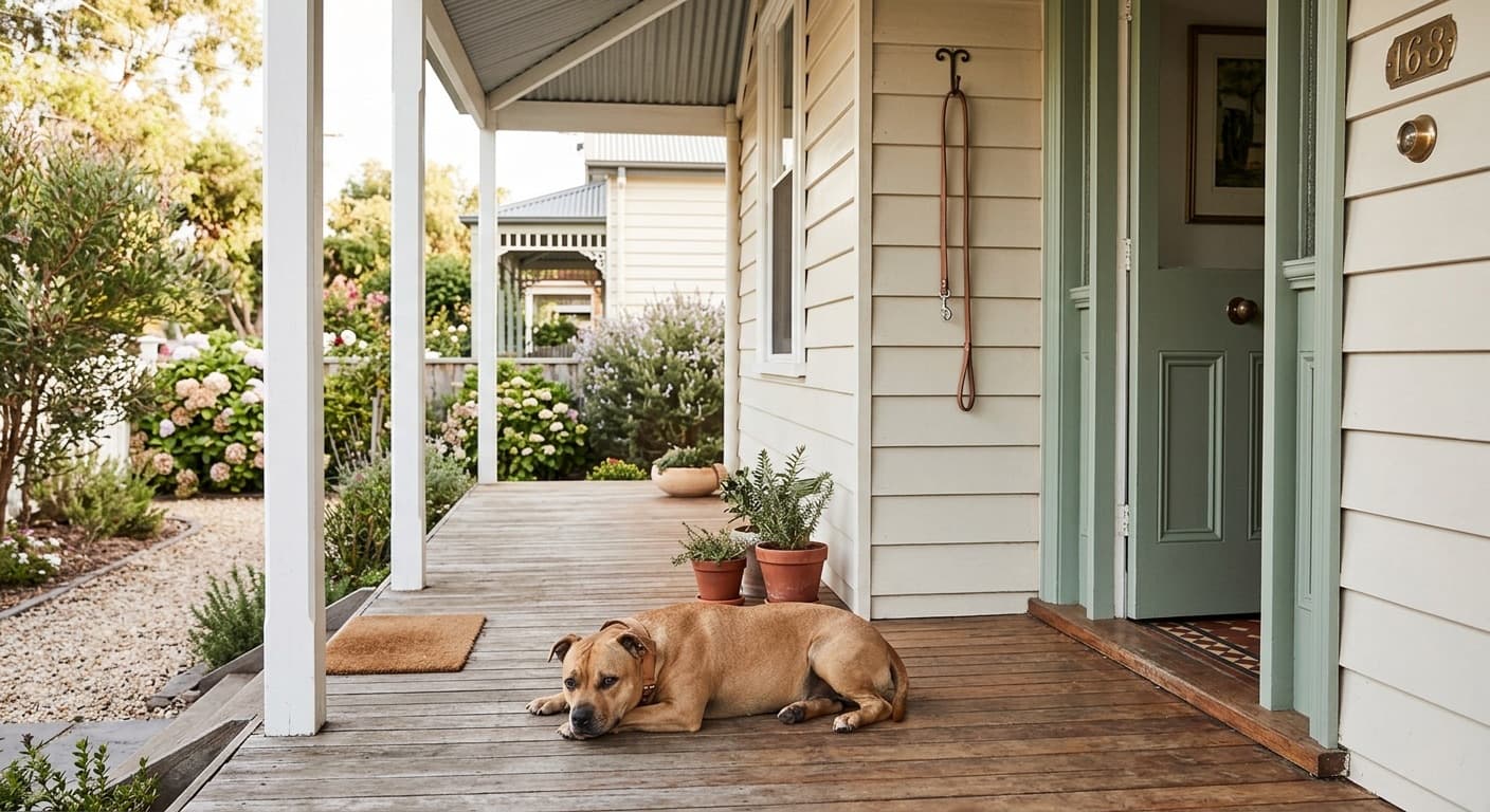 A fawn Staffordshire Bull Terrier lying on the timber front verandah of a weatherboard rental house on the NSW Central Coast, with a lead hanging by the door