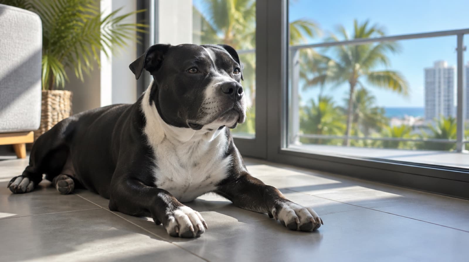A Staffy resting at home in a Gold Coast apartment, illustrating housing and restricted-breed rules adopters in Queensland should check