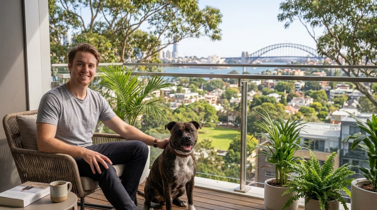 A Staffy resting at home in a Sydney rental, illustrating housing and restricted-breed rules adopters should check