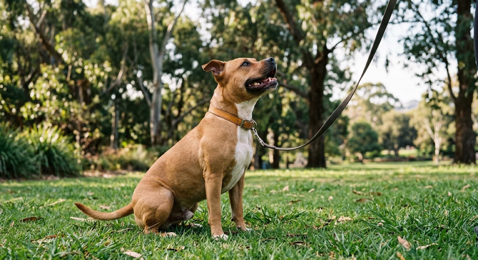 An affectionate Staffordshire Bull Terrier looking up at its owner, representing the people-focused temperament of the breed for Perth adopters