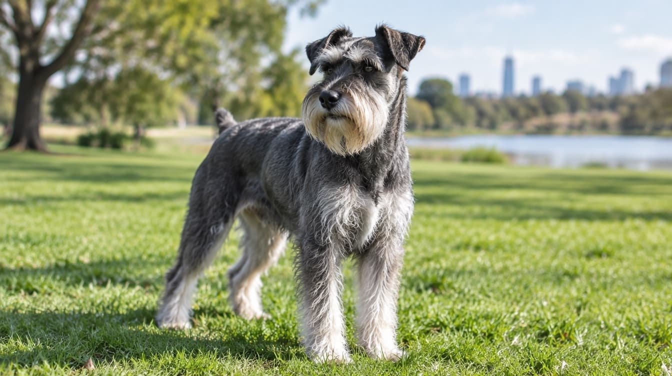 A Standard Schnauzer with a wiry salt-and-pepper coat and bearded face standing on the grass in a Melbourne park, representing the rescue Schnauzers available for adoption across Victoria