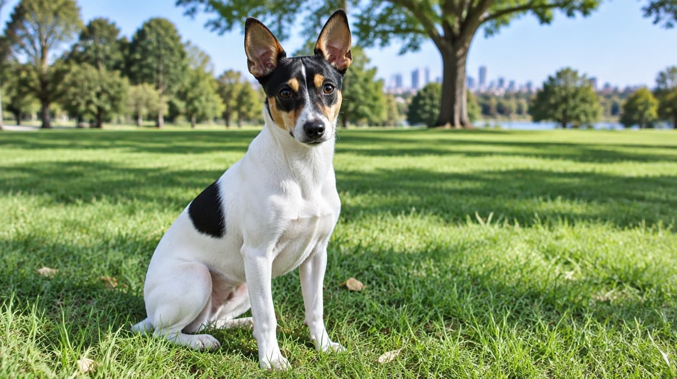 A small smooth-coated Tenterfield Terrier with white and tan markings standing alert on grass in a sunny Brisbane park, representing the home-grown Australian terriers occasionally available for adoption across Brisbane and Queensland rescues