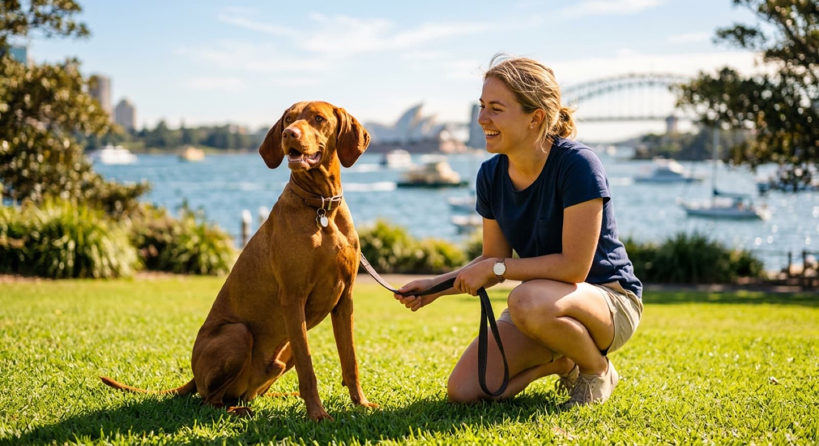 A sleek golden-rust Vizsla standing alert and athletic on the grass in a sunny Sydney park, representing the high-energy Hungarian pointer purebred that turns up for adoption across Sydney and NSW rescues
