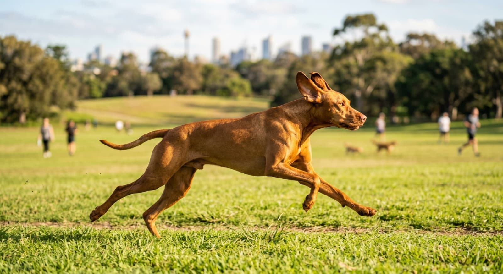 A sleek rust-gold Vizsla running at full stride across grass in a Sydney park, showing the athletic build and all-day stamina of a Hungarian pointer