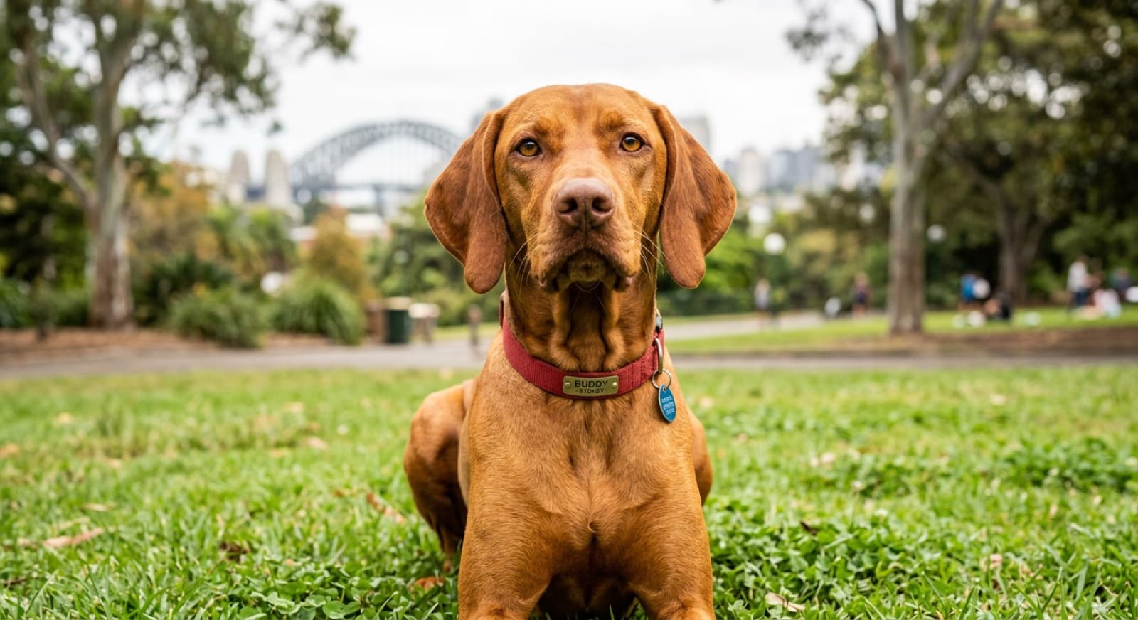 A golden-rust Vizsla standing alert on grass in a Sydney park, a lean athletic pointer whose health needs include watching for seizures and skin lumps