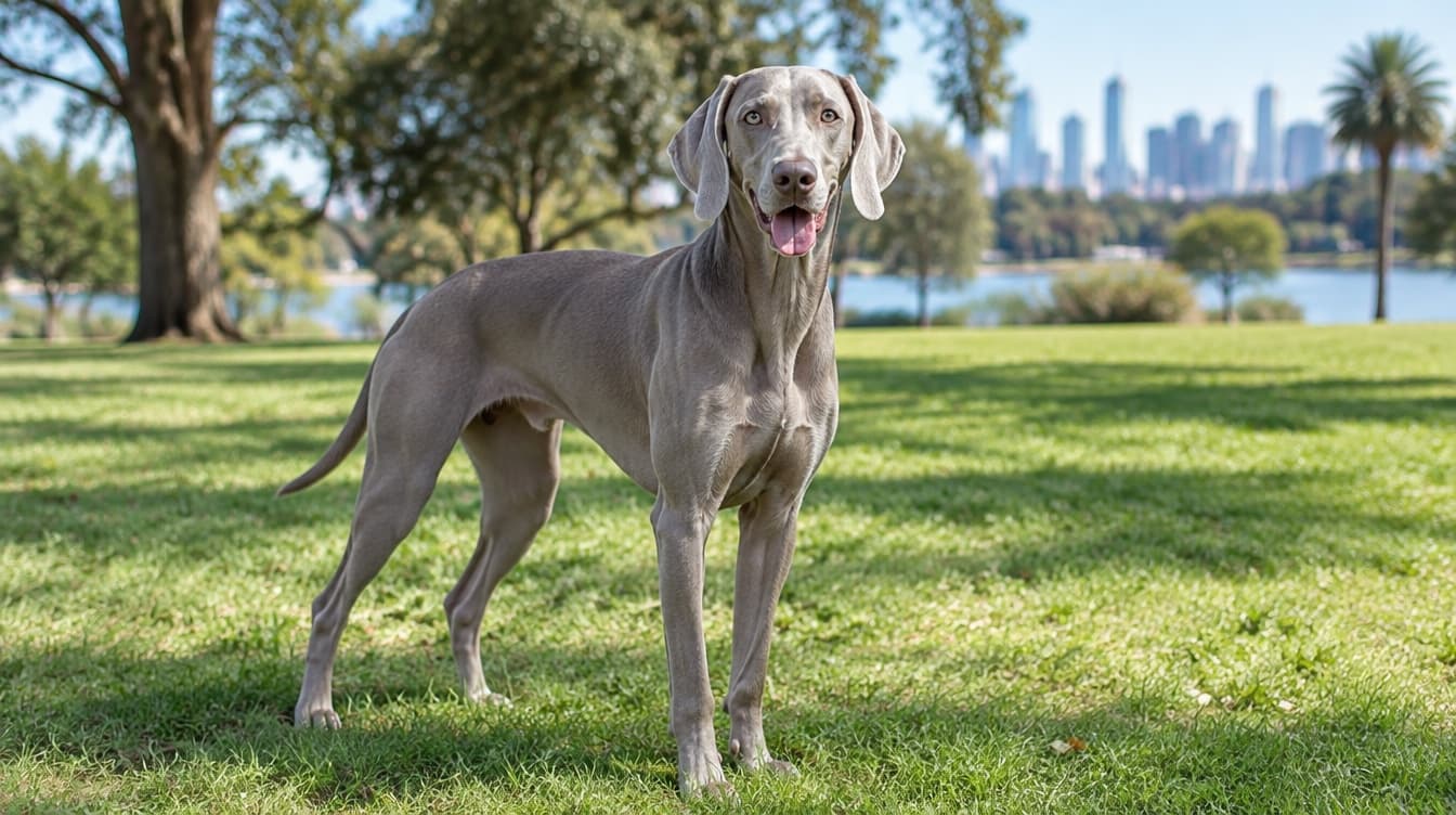 A sleek silver-grey Weimaraner standing alert on grass on a sunny day, representing the athletic gundogs occasionally available through Gold Coast and Queensland rescues