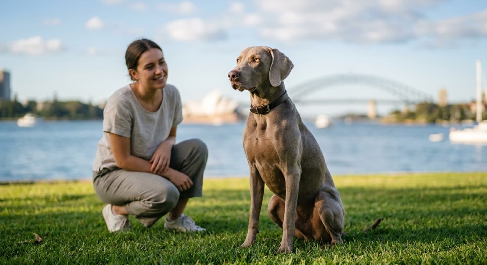 A sleek silver-grey Weimaraner with pale amber eyes standing alert and athletic on the grass in a sunny Sydney park, representing the high-energy gundog purebred that turns up for adoption across Sydney and NSW rescues