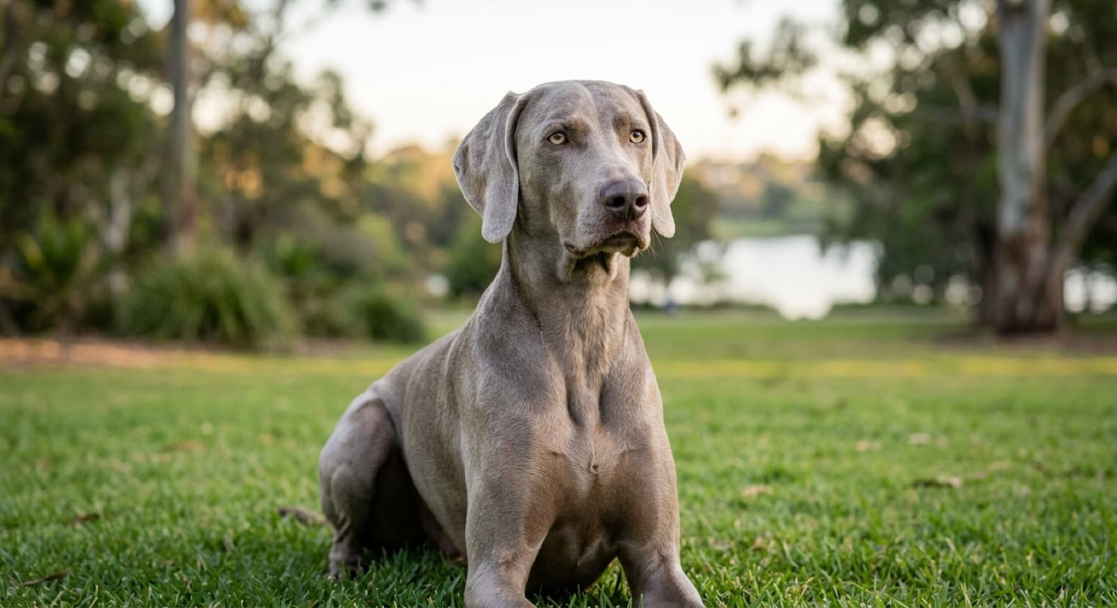 A silver-grey Weimaraner running at full stride across grass in a Sydney park, showing the lean athletic build and gundog stamina the breed was bred for
