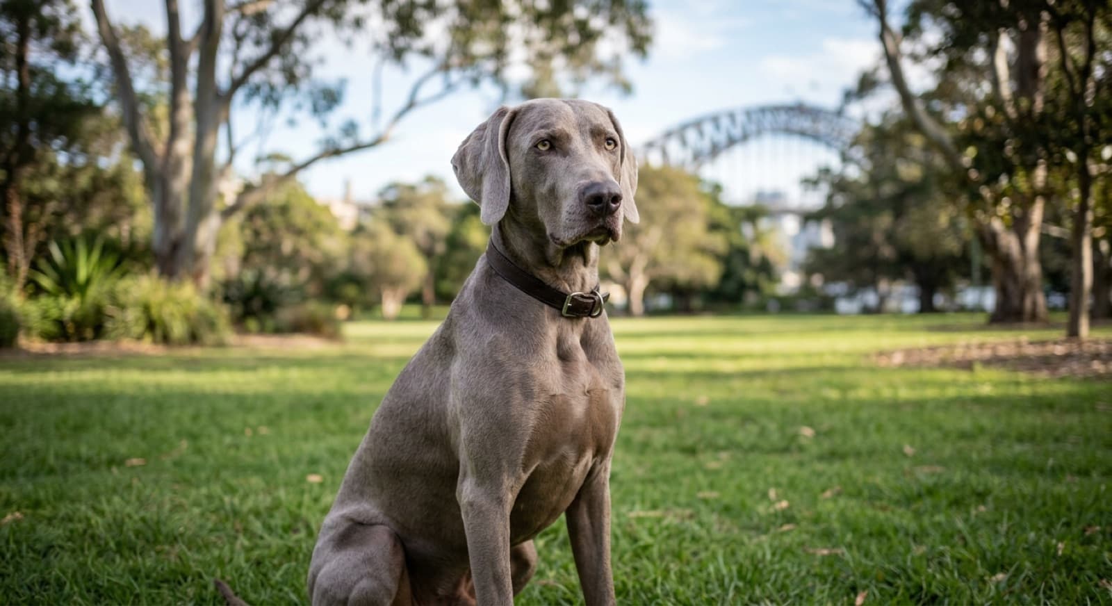 A silver-grey Weimaraner standing alert on grass in a Sydney park, a large deep-chested gundog whose biggest health risk is bloat