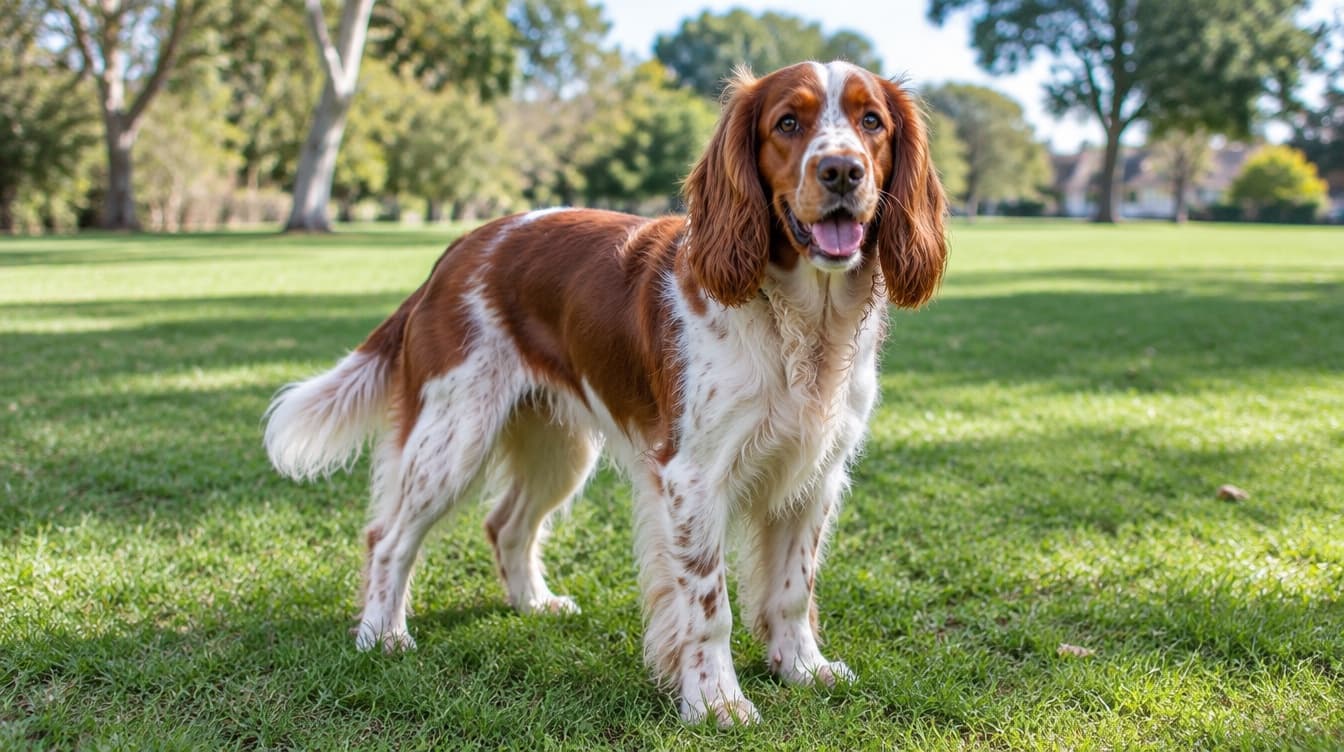 A red and white Welsh Springer Spaniel with long feathered ears standing on grass in a sunny Brisbane park, representing the energetic gundogs occasionally available for adoption across Brisbane and Queensland rescues